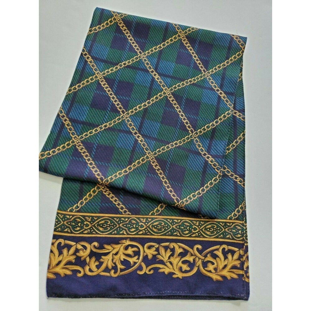 Vintage Scarf Chain Plaid Pattern Forest Green Gold Black 54" x 9 3/4" Reverses